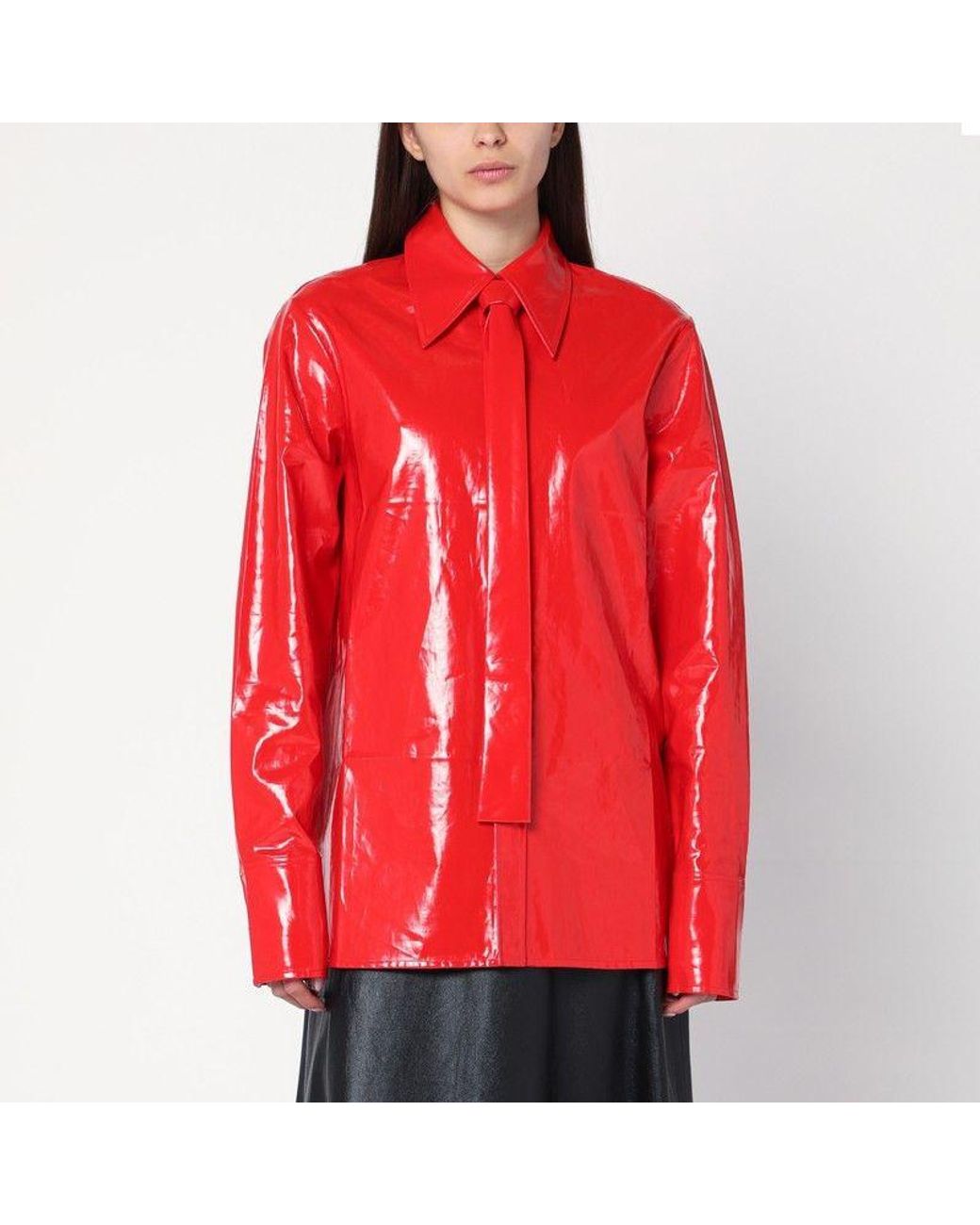 Jil Sander Red Shiny Linen Shirt With Tie