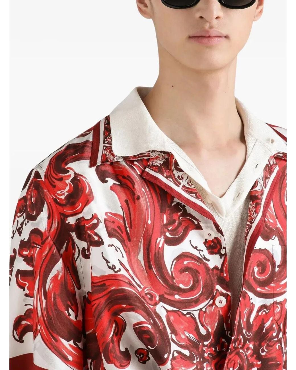 Dolce & Gabbana Red Dolce & Gabbana Hawaii Silk Twill Shirt With Maiolica Print for men