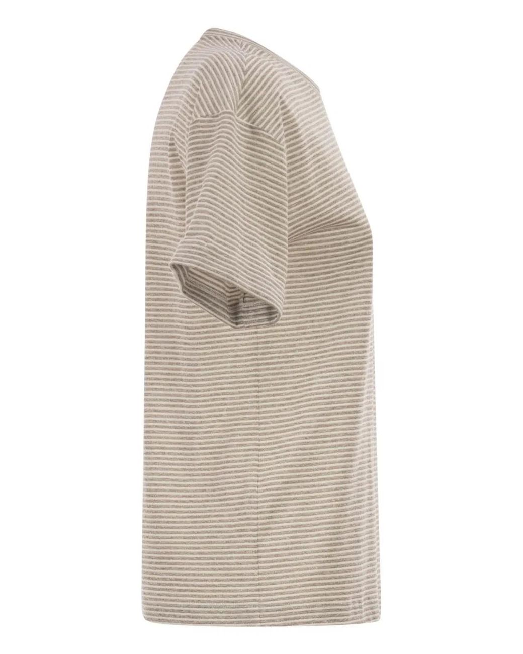 Peserico White Striped Linen And Cotton T-Shirt With Luminous Yarns