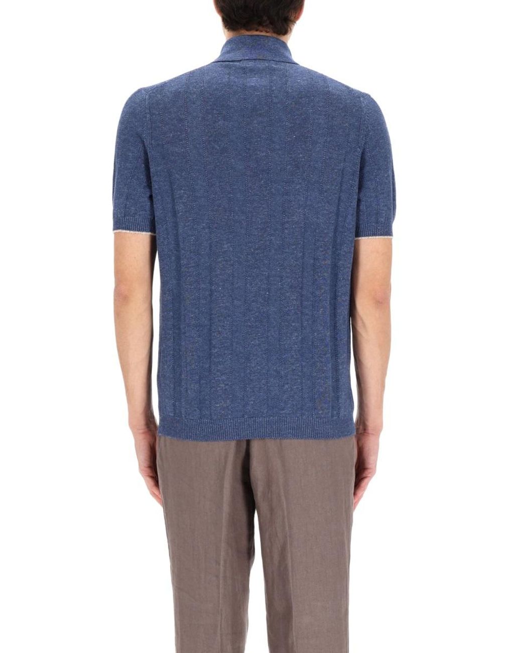Brunello Cucinelli Blue Linen Knit Polo Shirt for men