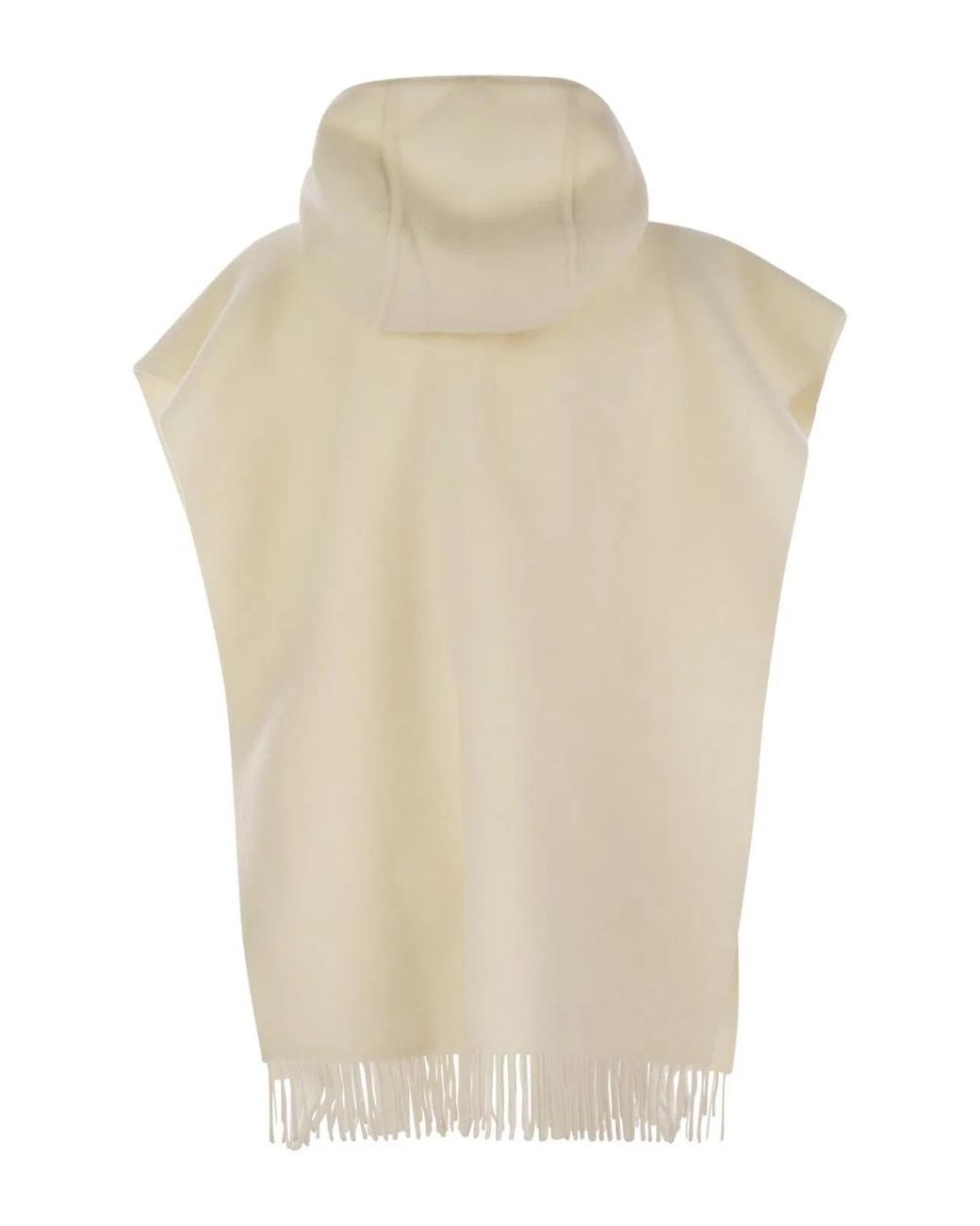 Brunello Cucinelli Natural Double Knit Wool And Cashmere Poncho With Hood And Fringes