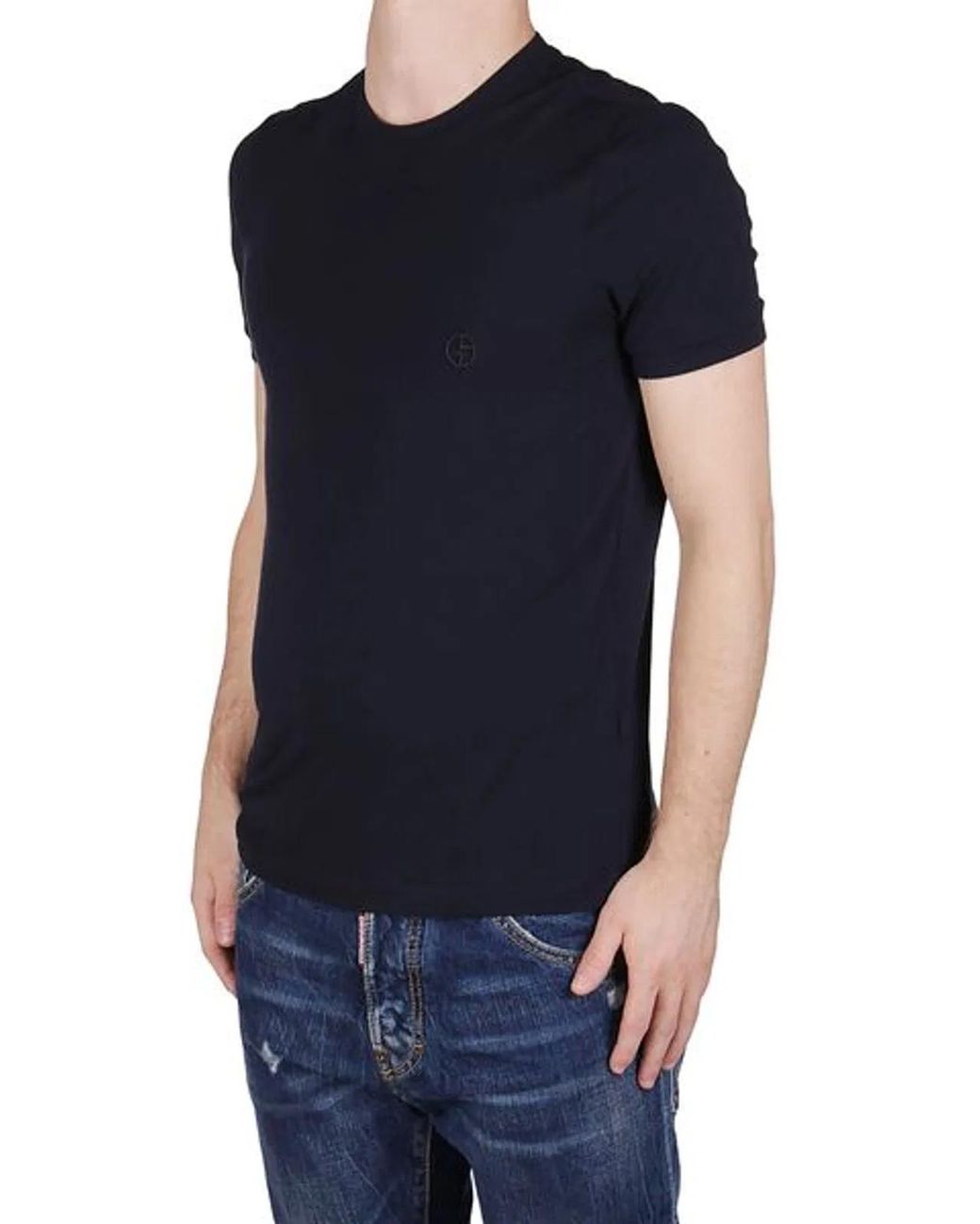 Giorgio Armani Black Embroidered Cotton Crewneck T Shirt for men
