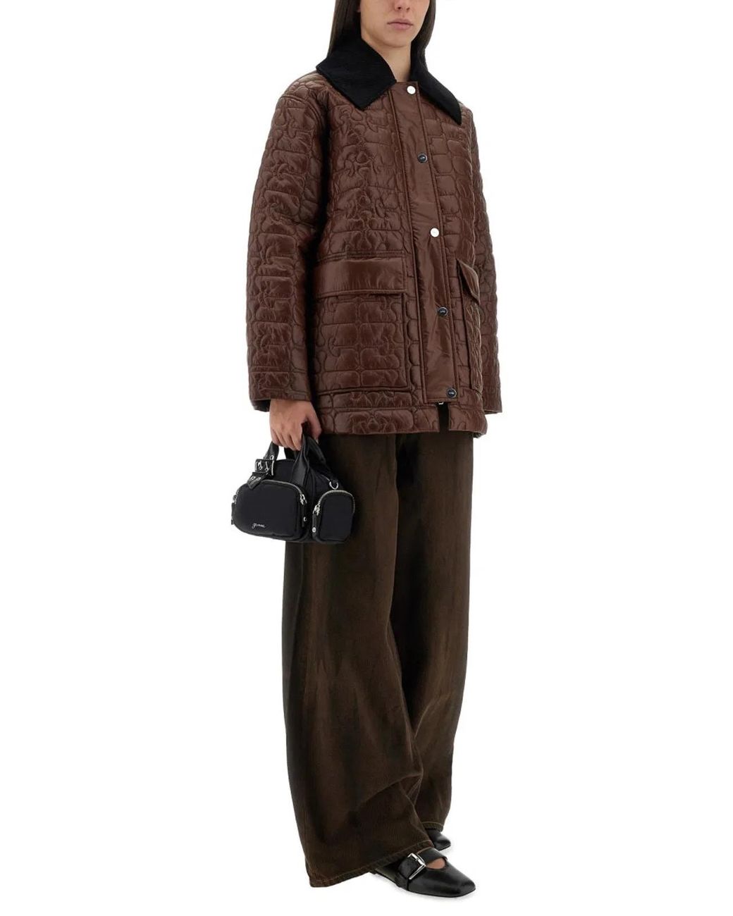 Ganni Brown Quilted Midi Jacket