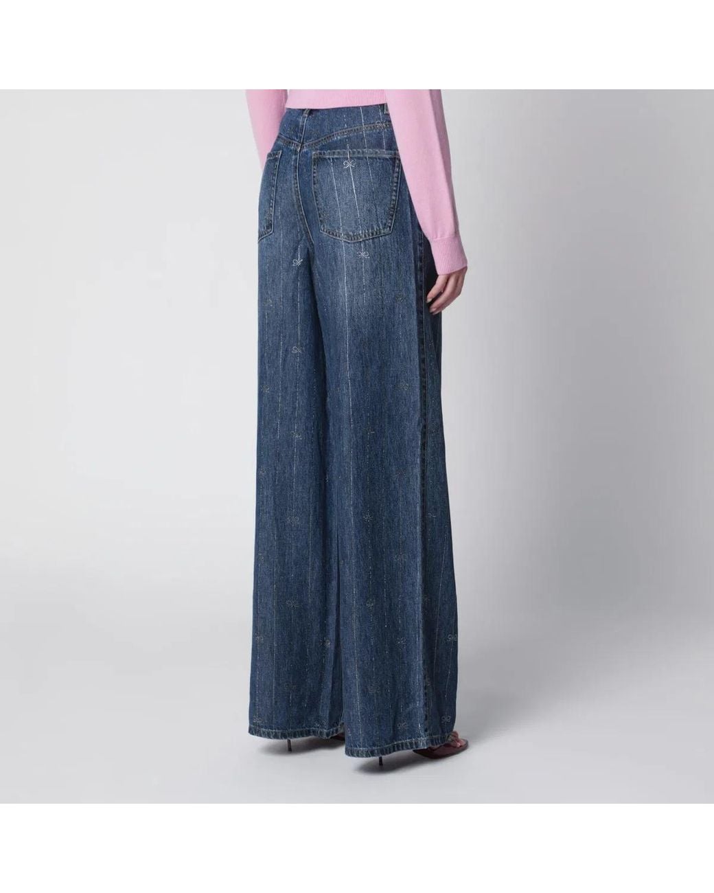 Self-Portrait Blue Wideleg Denim Jeans With Rhinestone Stripes