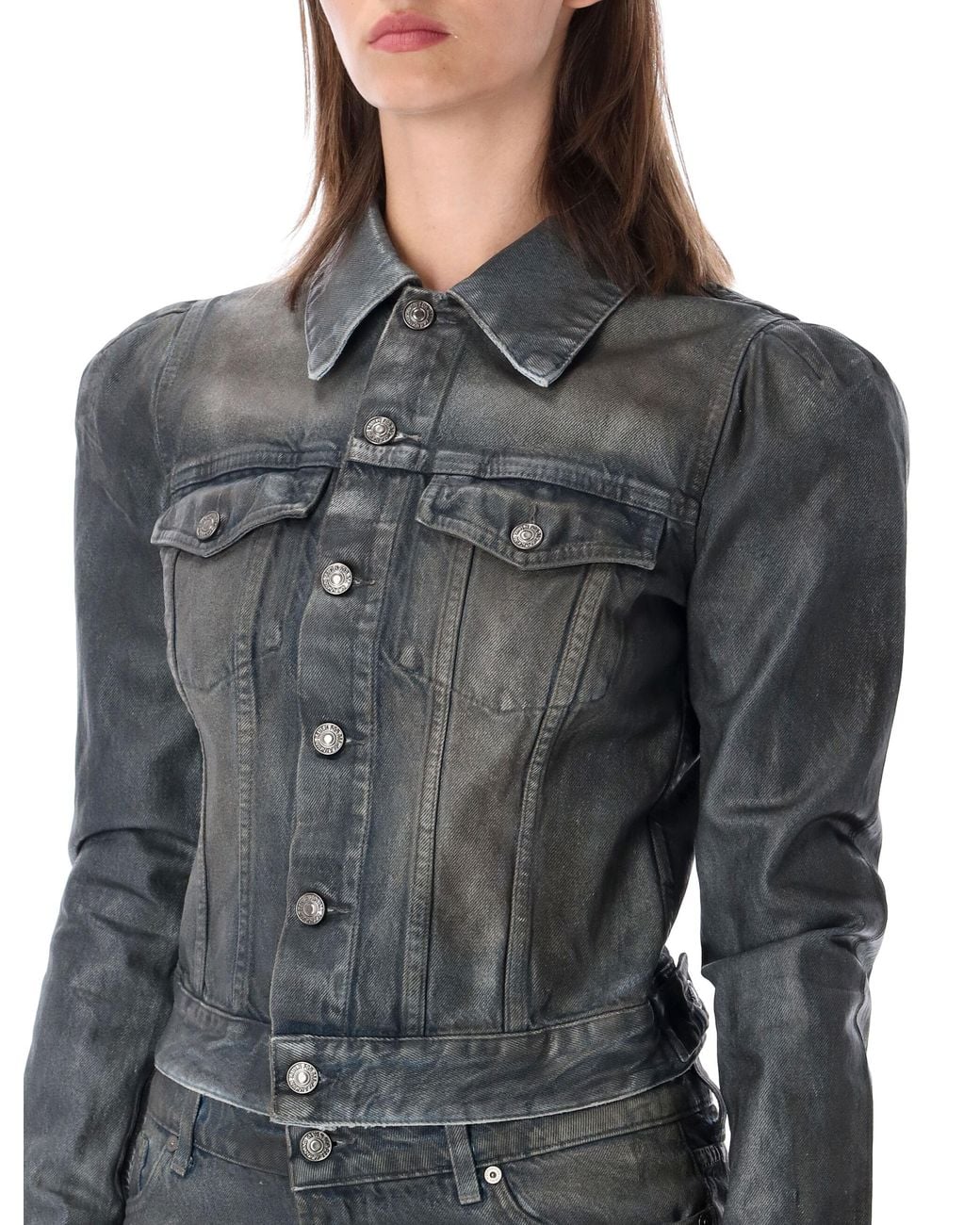 7 For All Mankind Gray Fitted Denim Jacket With Puff Shoulders