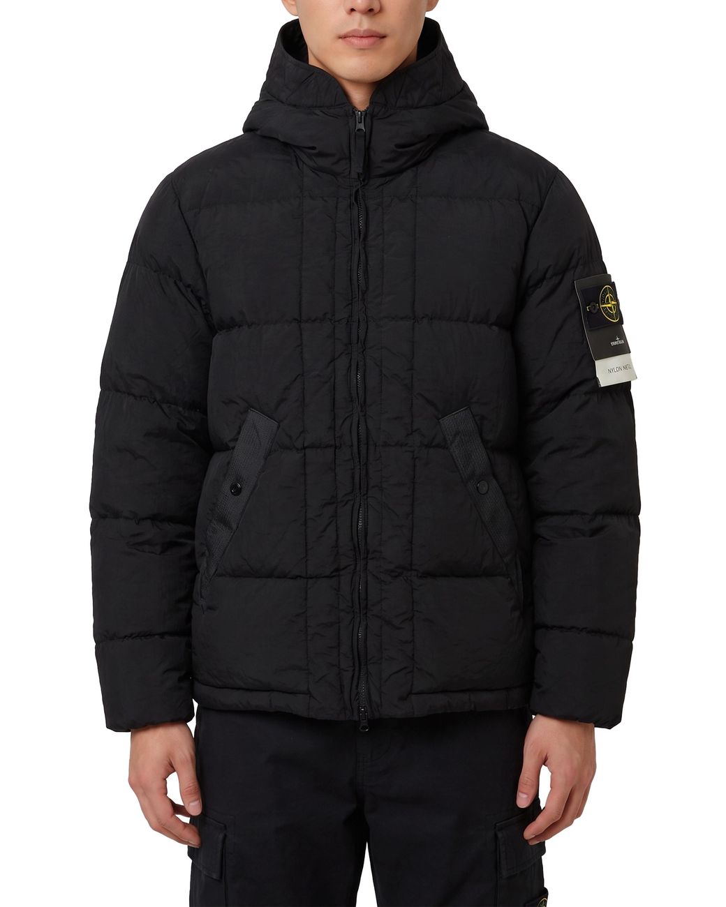 Stone Island Black Nylon Metal Hooded Down Jacket With Compass Badge for men