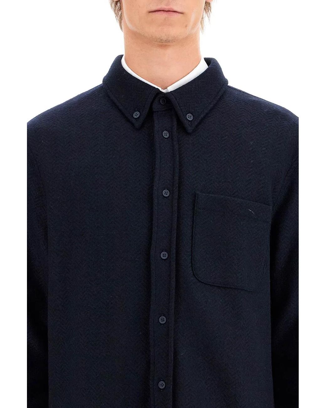 Thom Browne Blue Herringbone Wool Blend Overshirt for men