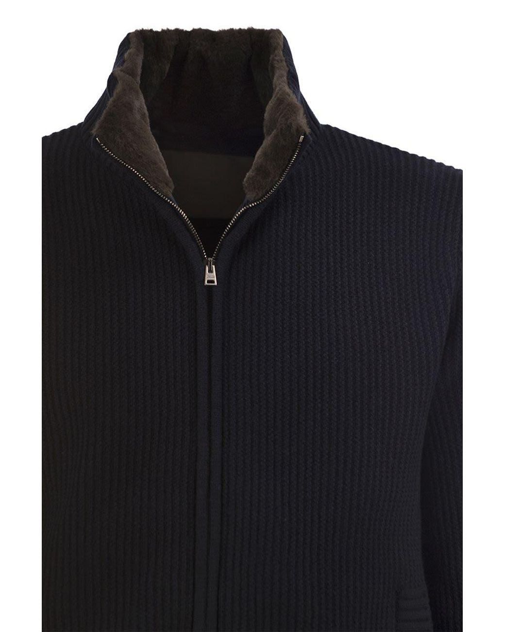 Herno Blue Pure Wool Knit Jacket With High Collar And Faux Fur Lining for men