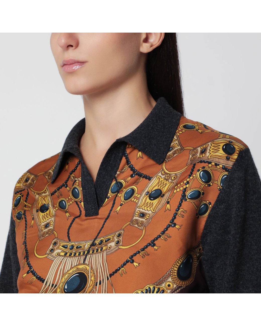 Etro Black Wool And Cashmere Sweater With Printed Silk Intarsia