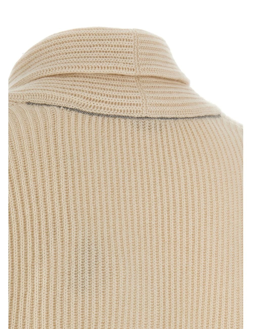 Brunello Cucinelli Natural Shawl Neck Ribbed Sweater