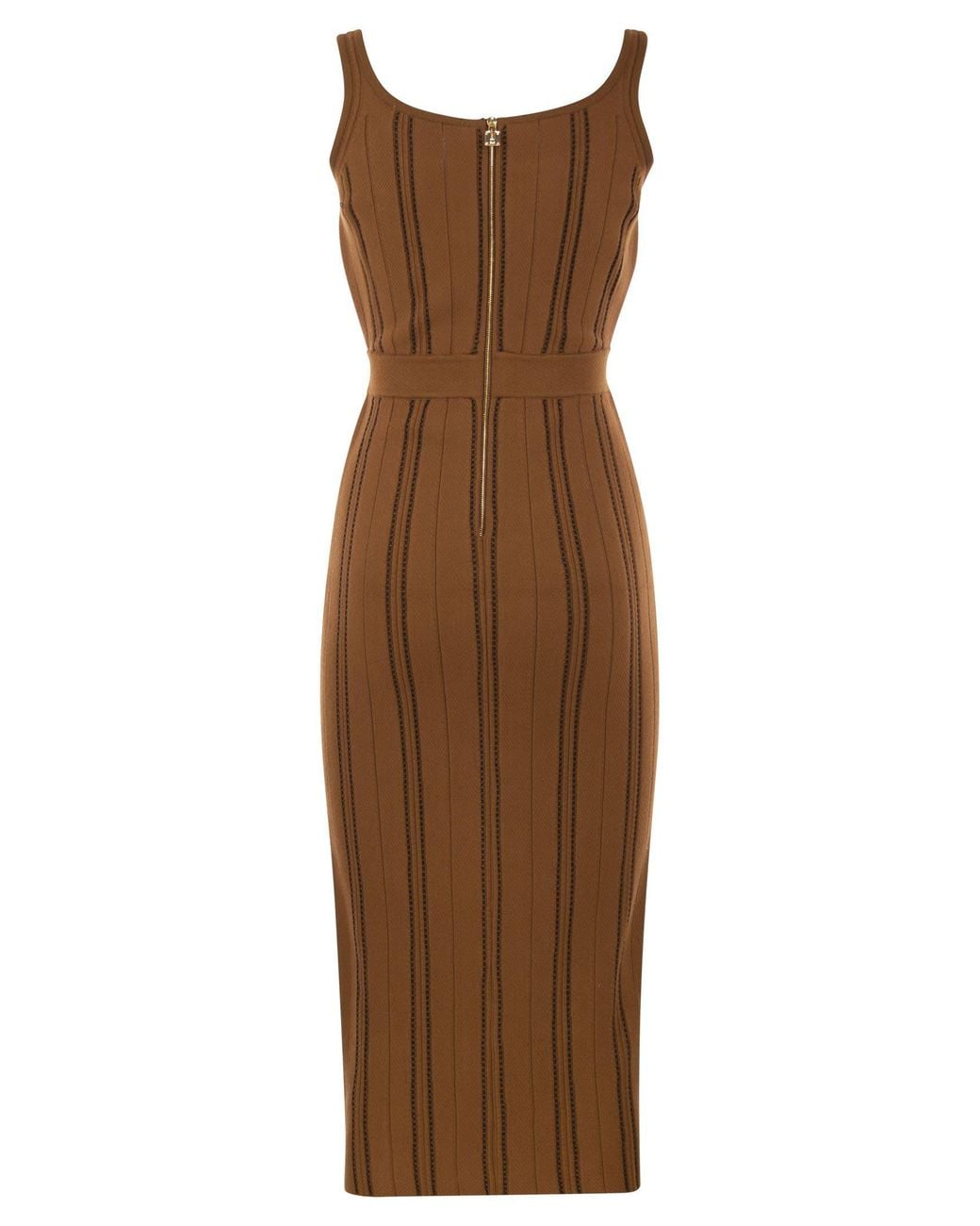 Elisabetta Franchi Brown Midi Jacquard Knitted Dress With Round Neckline