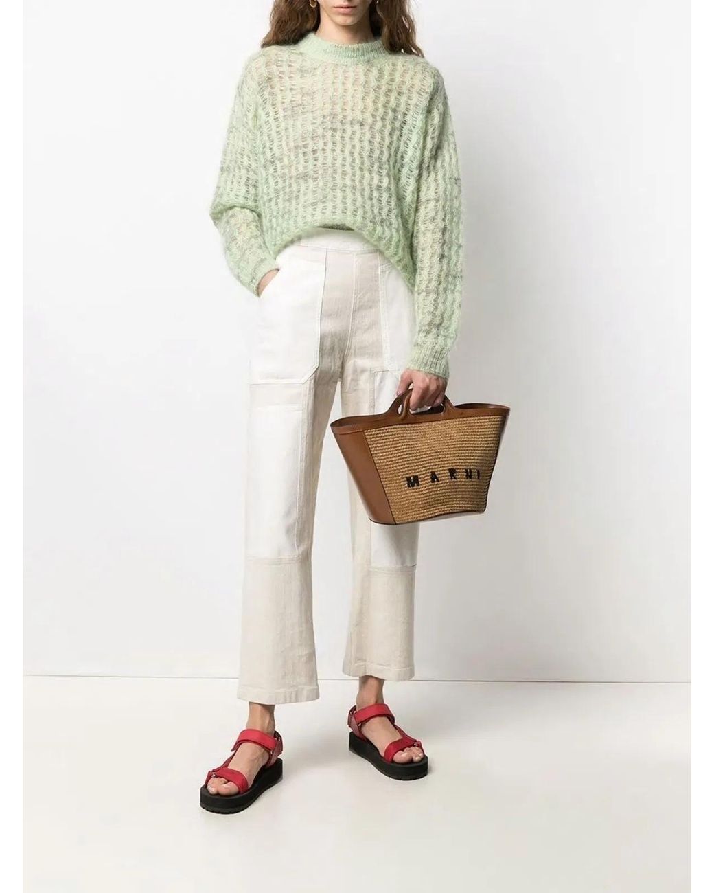Marni Brown Two-Tone Leather And Raffia Small Tropicalia Summer Handbag