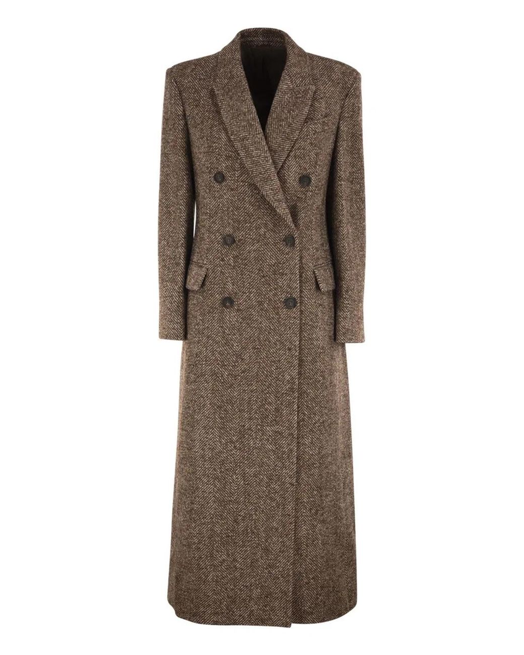 Brunello Cucinelli Brown Double-Breasted Wool And Alpaca Herringbone Coat