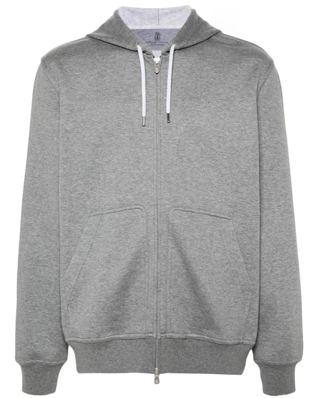 Brunello Cucinelli Gray Melange Cotton-Blend Zip-Up Hoodie Featuring Cashmere, Silk, And Kangaroo Pockets for men
