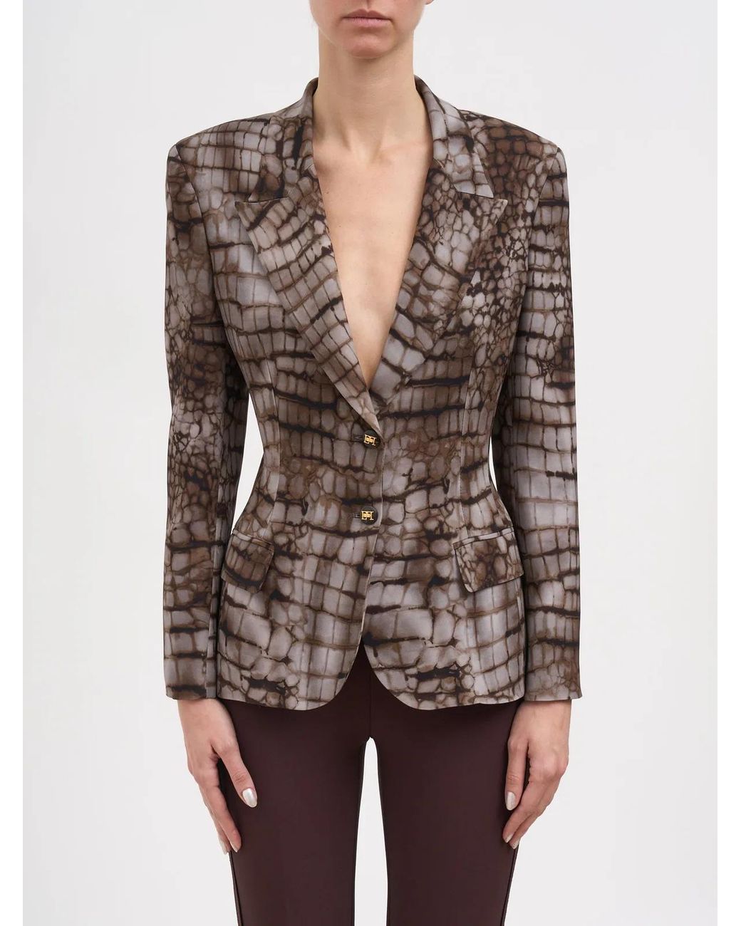 Elisabetta Franchi Brown Crêpe Jacket With Alligator Print