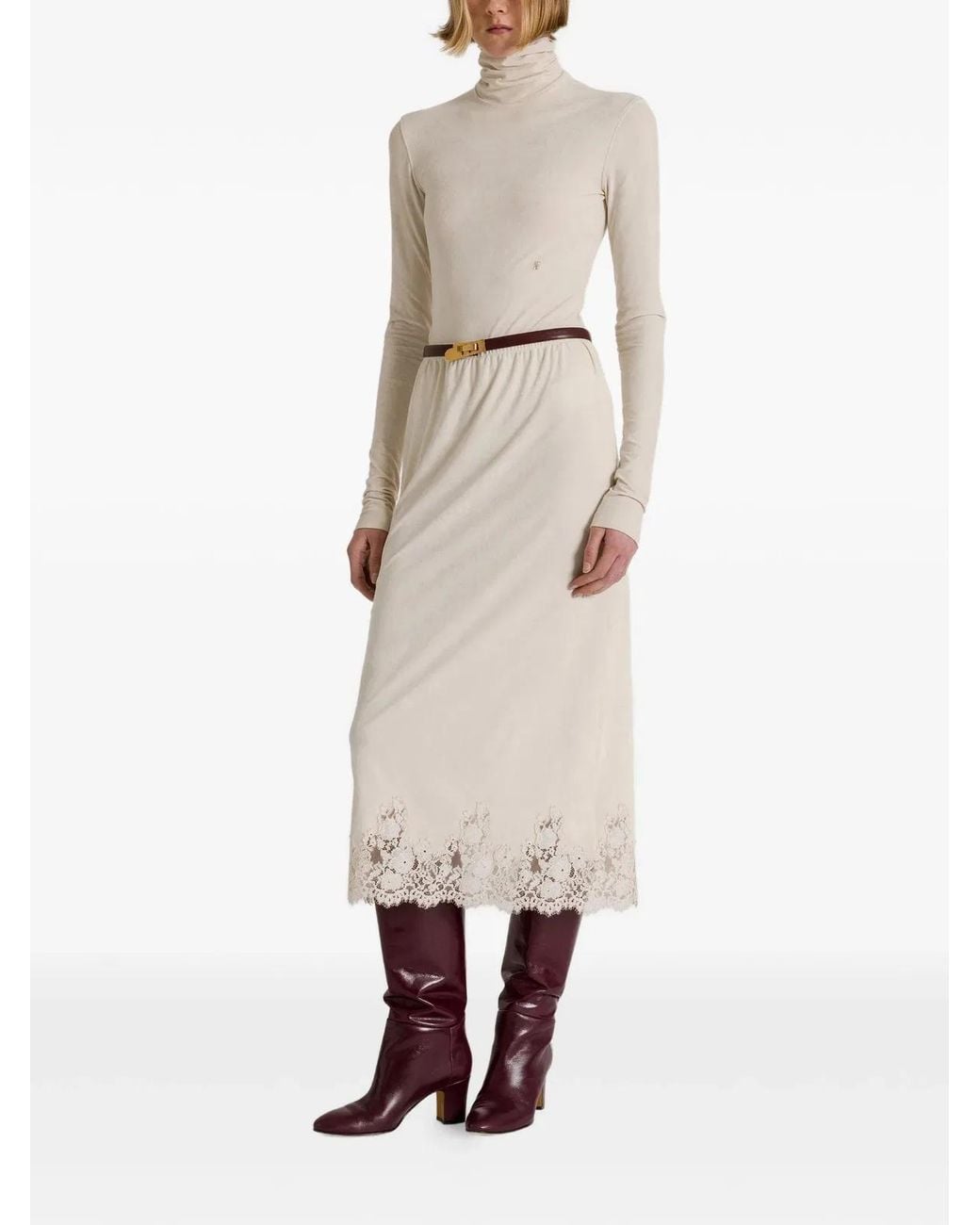 Alberta Ferretti White Neutrals Triacetate Blend Fitted Turtleneck Top