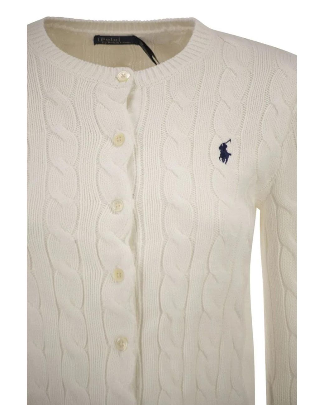 Polo Ralph Lauren White Cable Knit Cotton Crew Neck Cardigan