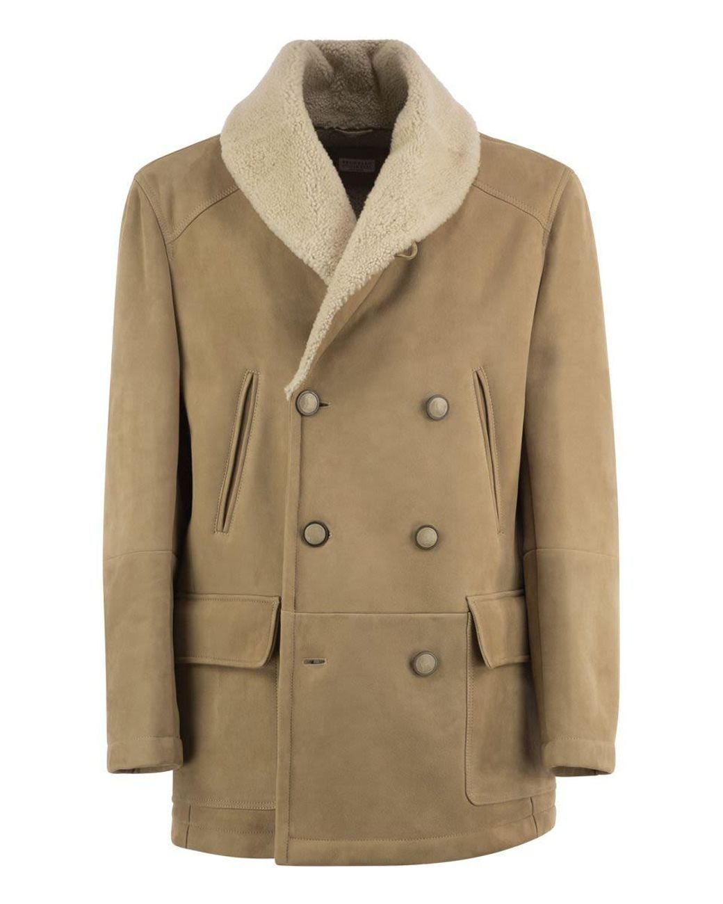 Brunello Cucinelli Natural Double-Breasted Shearling Coat for men