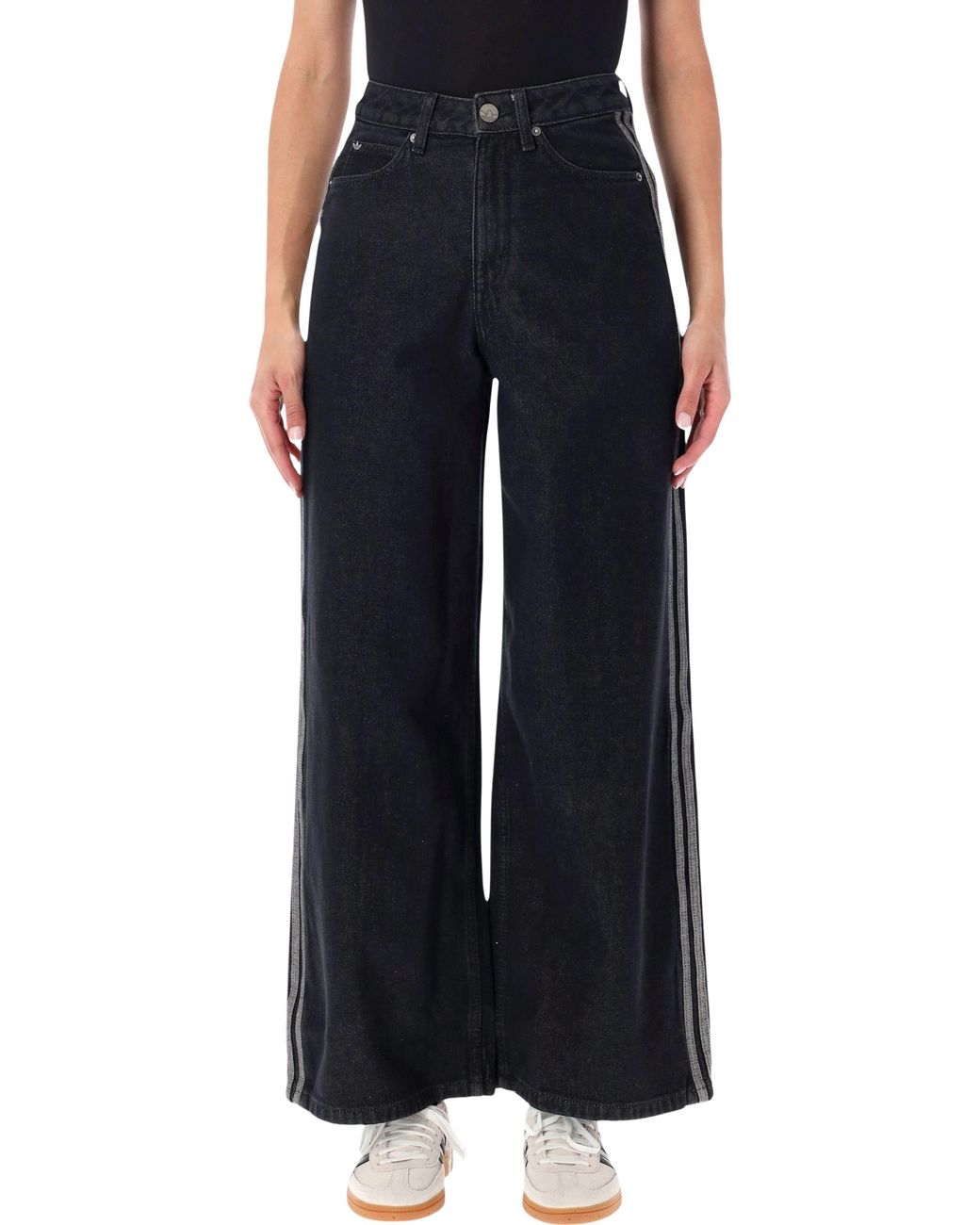 Adidas Originals Black High-Rise Wide-Leg Jeans With Side Stripes