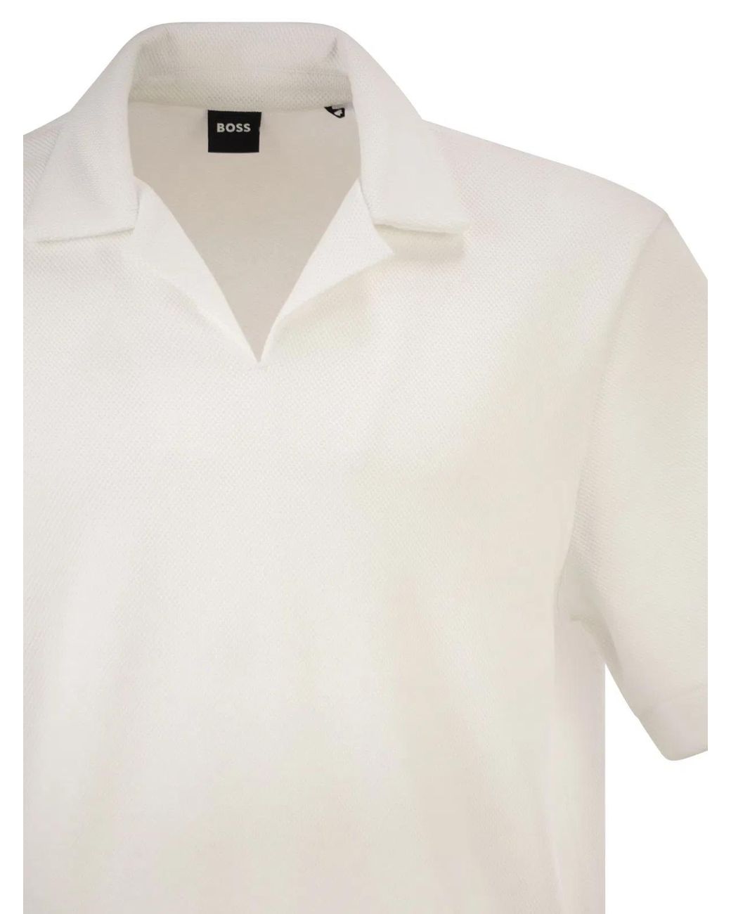 Boss White Textured Cotton Polo Shirt With Open Collar for men