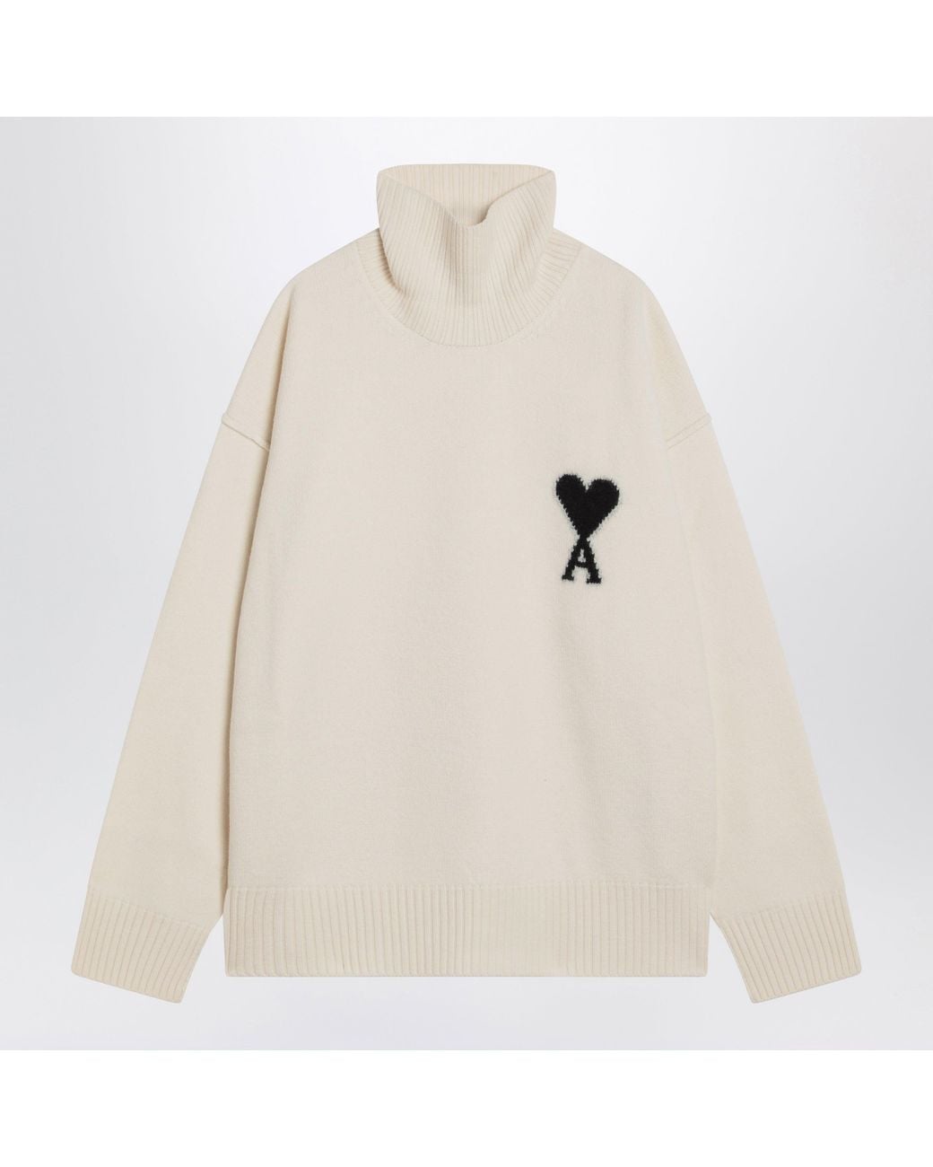 AMI White Funell-Neck Wool Sweater With Ami De Coeur for men
