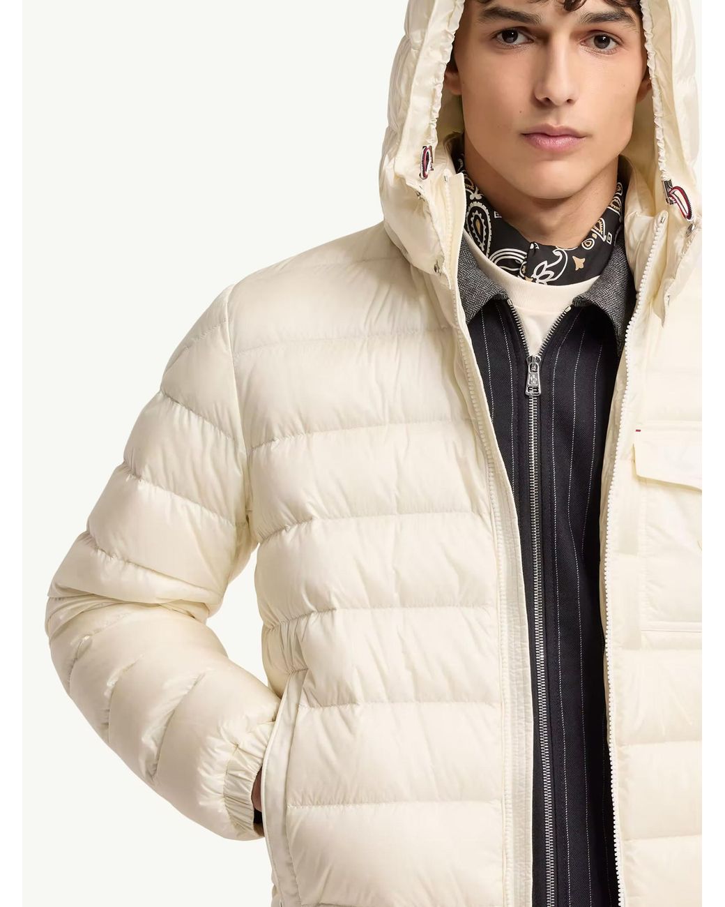 Moncler Natural Quilted Nylon Down Jacket With Detachable Hood, Zip Pockets & Tricolor Accent (Size 3) for men
