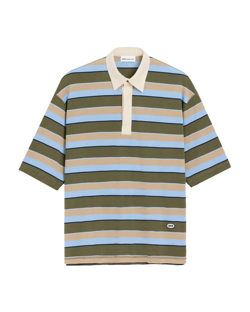AMI Green Cotton Striped Polo Shirt for men