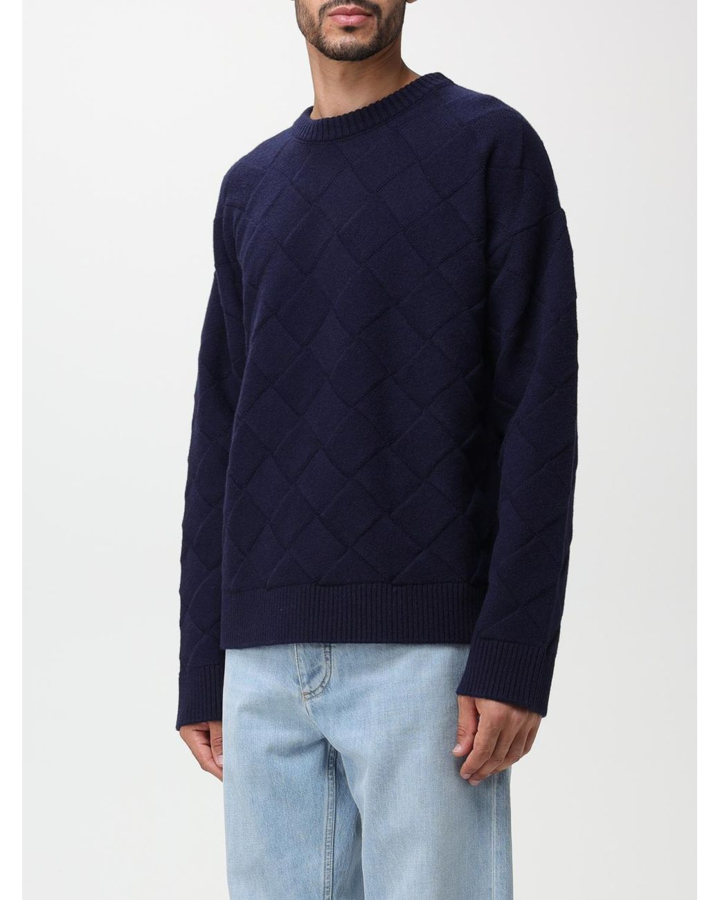 Bottega Veneta Blue Quilted Knit Long Sleeve Sweater for men