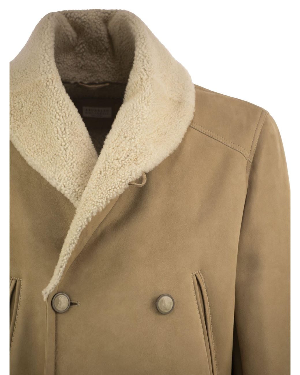 Brunello Cucinelli Natural Double-Breasted Shearling Coat for men