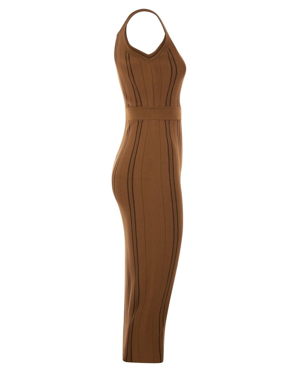 Elisabetta Franchi Brown Midi Jacquard Knitted Dress With Round Neckline