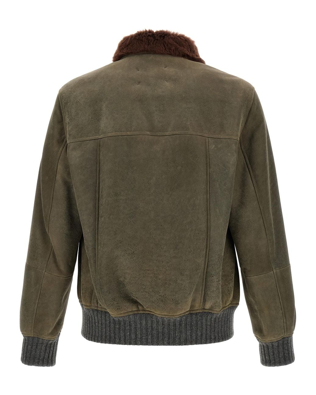 Brunello Cucinelli Green Waxed Shearling Bomber Jacket for men