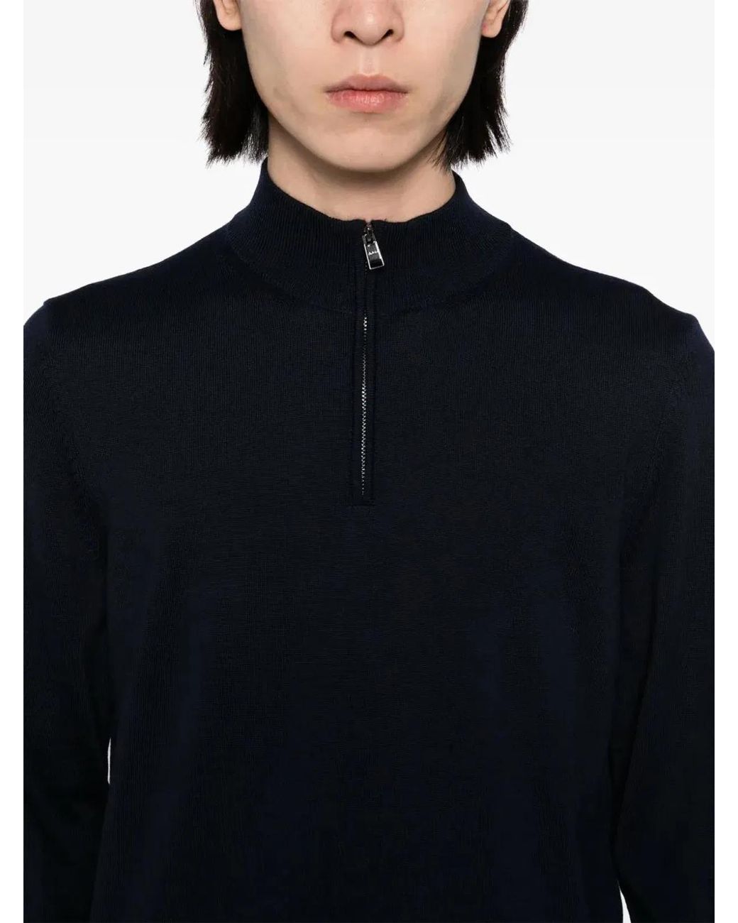Boss Blue Virgin Wool Jumper With Zip Collar for men