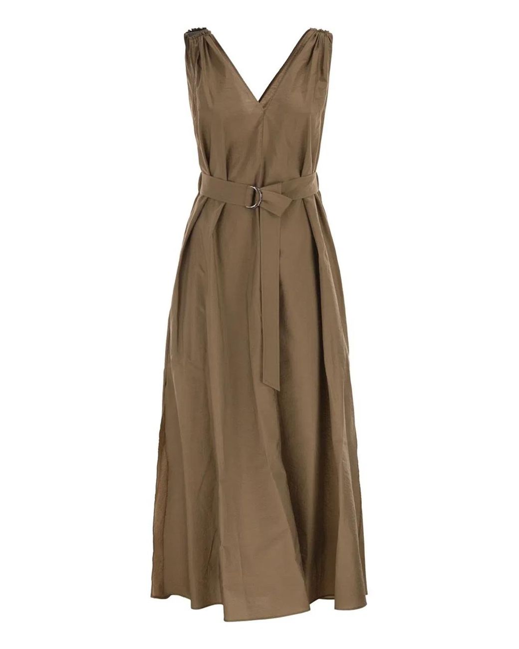 Brunello Cucinelli Natural Techno Cotton Poplin Dress With Belt And Precious Shoulder Detail