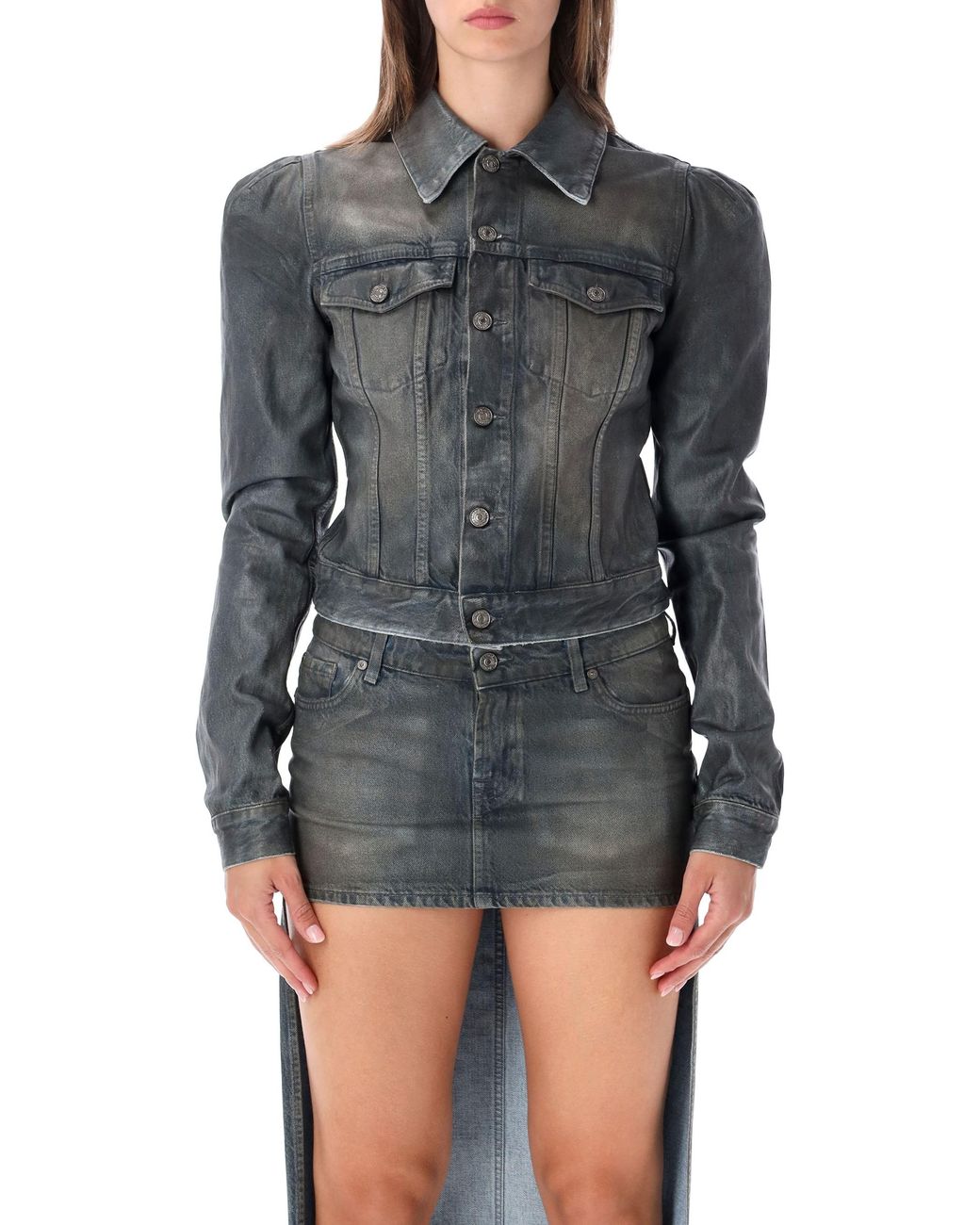 7 For All Mankind Gray Fitted Denim Jacket With Puff Shoulders