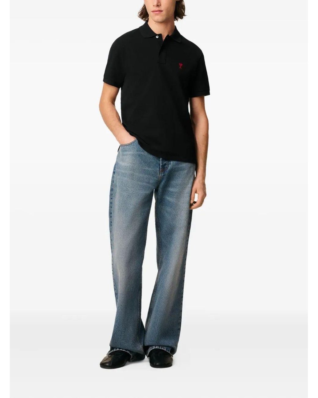 AMI Black Cotton Polo for men