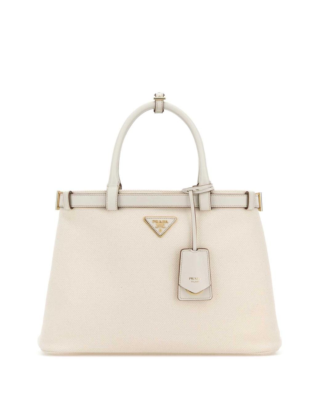 Prada Natural Practical Canvas Shopping Handbag With Calf Leather Trim, 34Cm X 24Cm X 13Cm