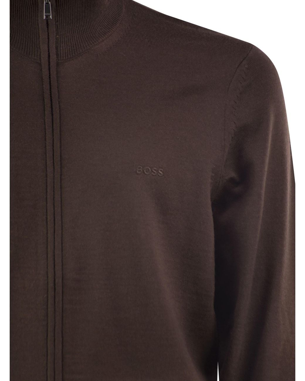 Boss Brown Pure Virgin Wool Zip-Up Cardigan for men