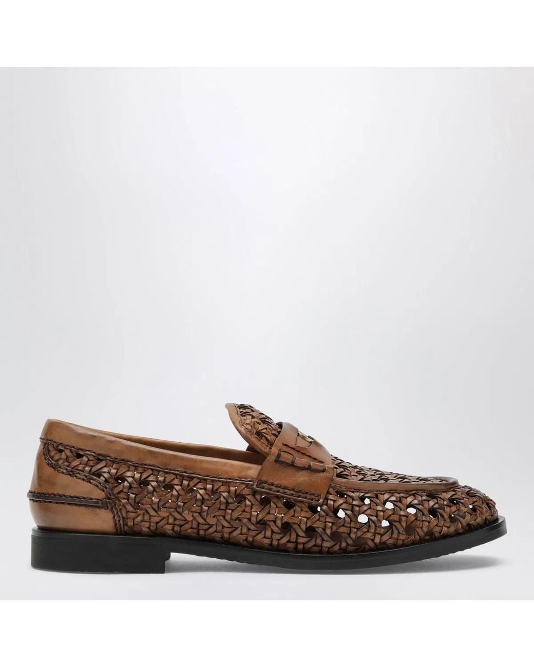Miu Miu Brown Cognaccolored Woven Leather Penny Loafers
