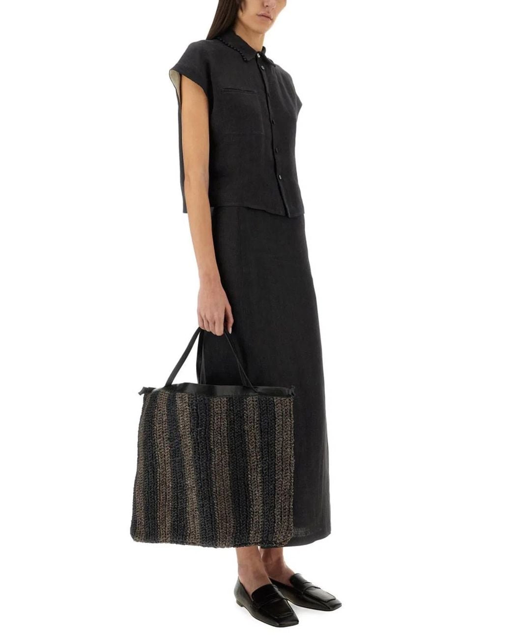 Alysi Black Linen Skirt With Slit