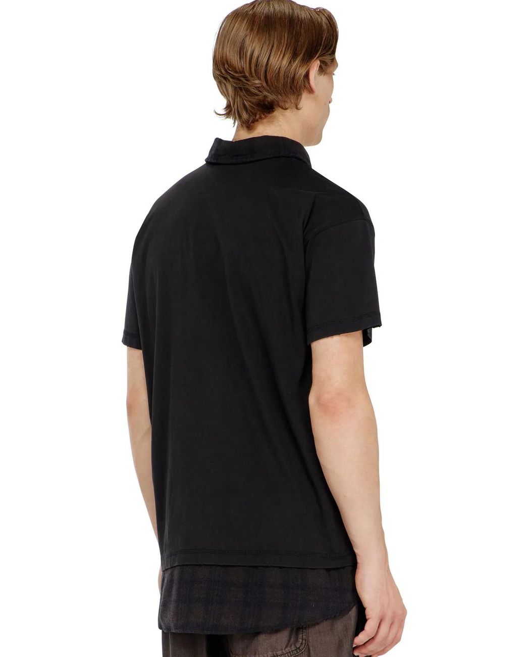 DIESEL Black Jersey Polo Shirt With Check Flannel Trims for men