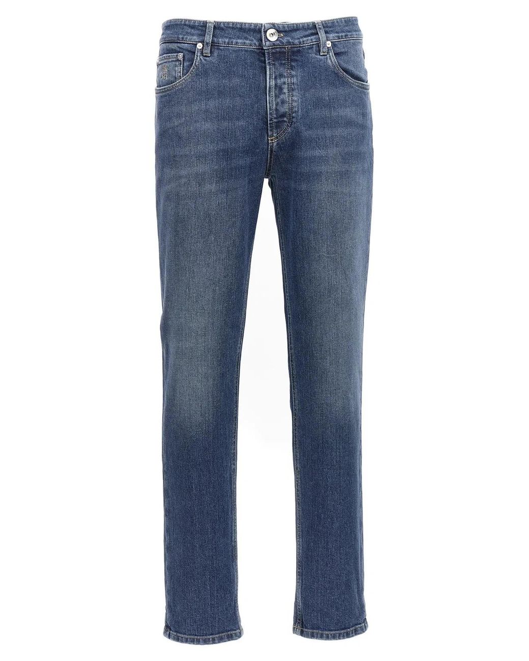 Brunello Cucinelli Blue Logo Embroidery Stretch Jeans for men