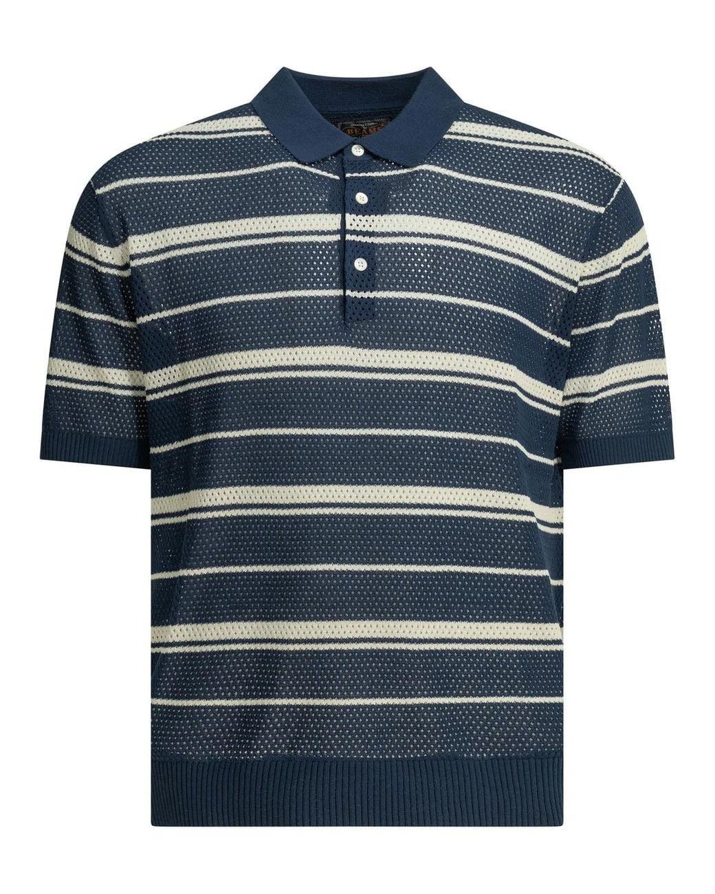 Beams Plus Blue Cotton Cotton Nylon Spandex Striped Button-Down Polo Shirt for men