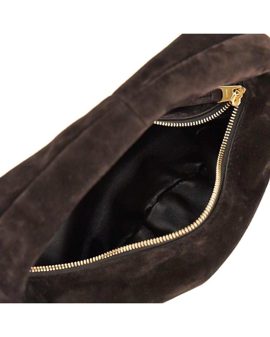 Khaite Black Mini Hobo Bag Made From Soft Suede Leather With Integrated Handle To Carry By Hand. -Tone Mini Logo Print