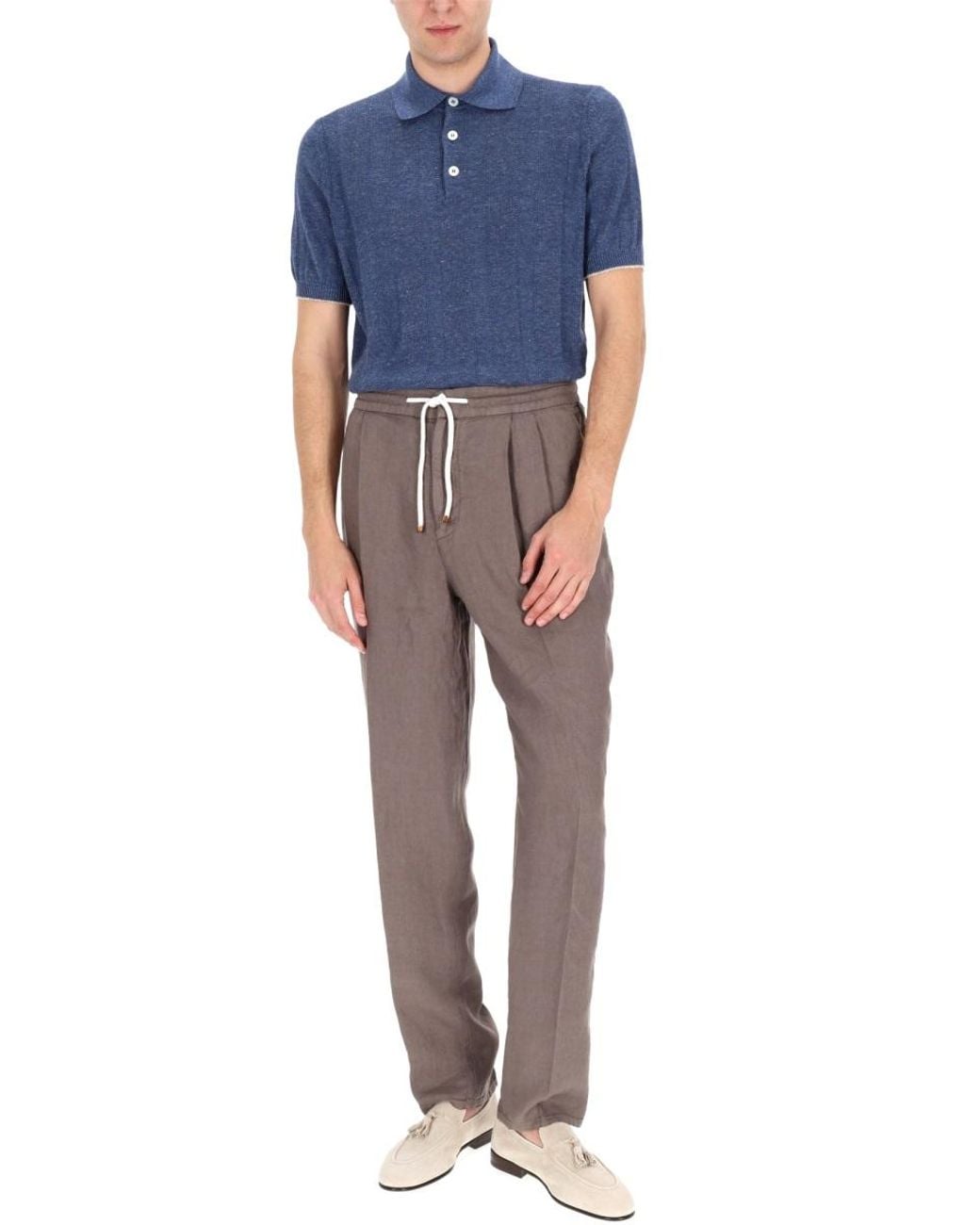 Brunello Cucinelli Blue Linen Knit Polo Shirt for men