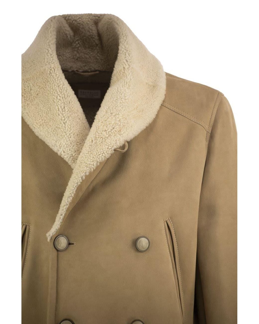 Brunello Cucinelli Natural Double-Breasted Shearling Coat for men