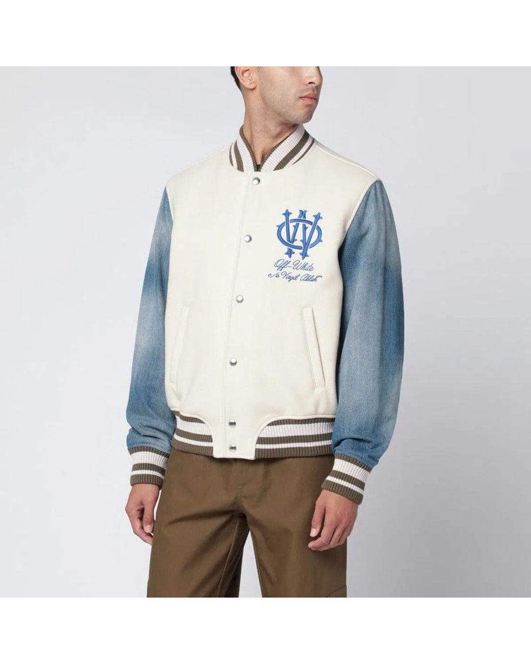 Off-White c/o Virgil Abloh Gray Ivory Bomber Jacket With Denim Sleeves for men