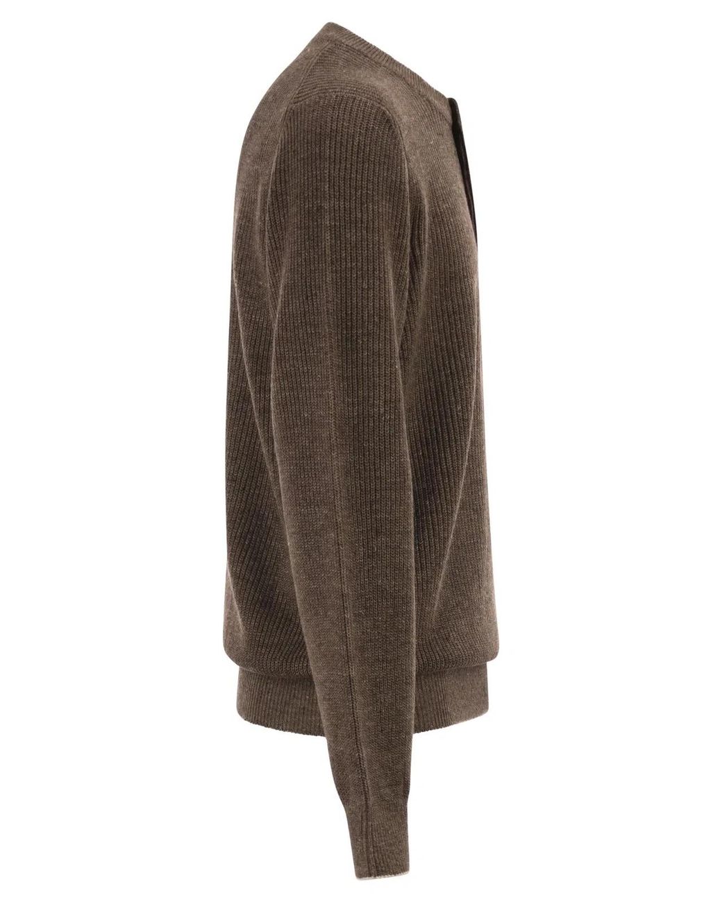 Brunello Cucinelli Brown Cotton And Linen Half-Ribbed Crew Neck Jumper for men