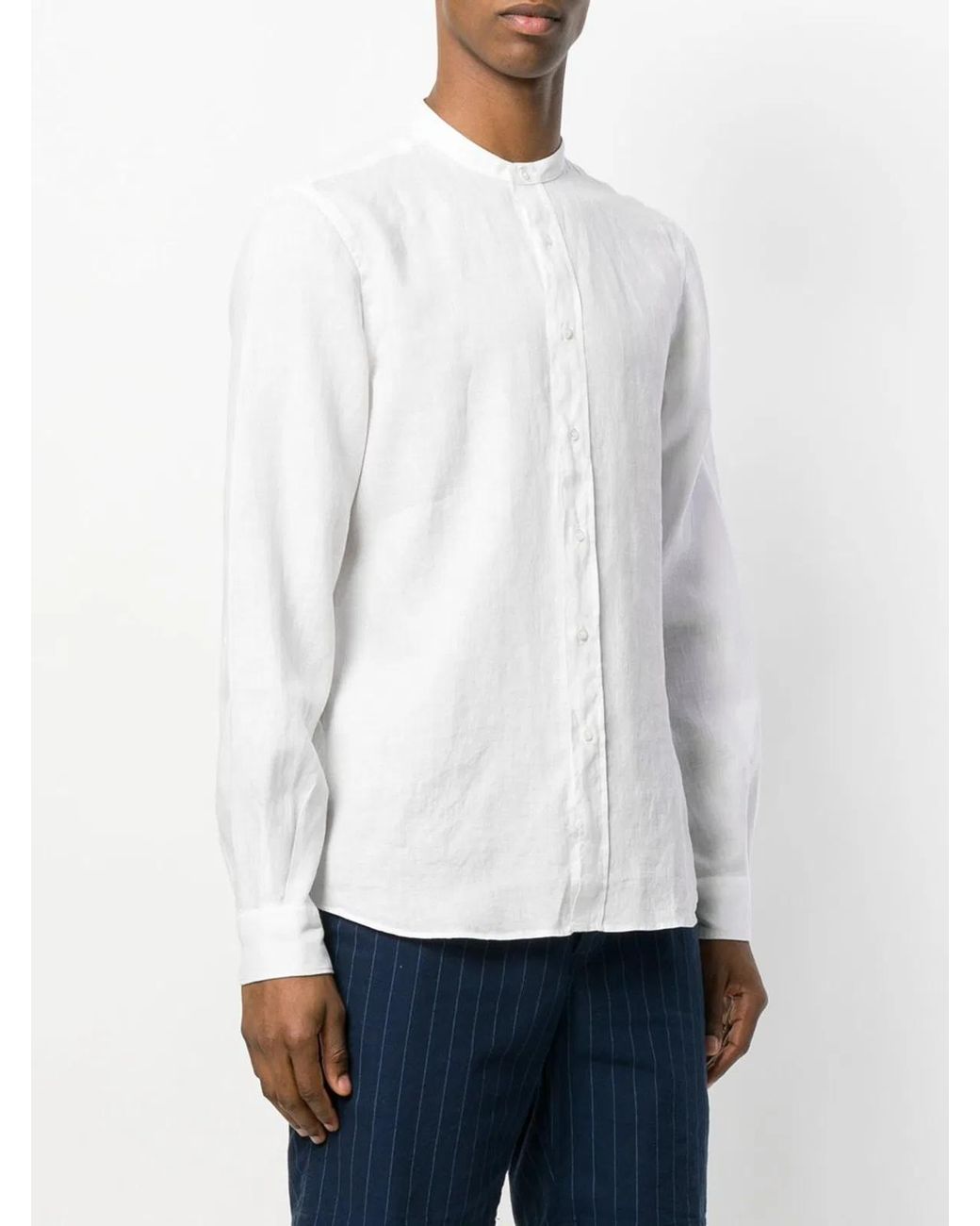 Aspesi White Linen Flax Front Button Band Collar Shirt for men