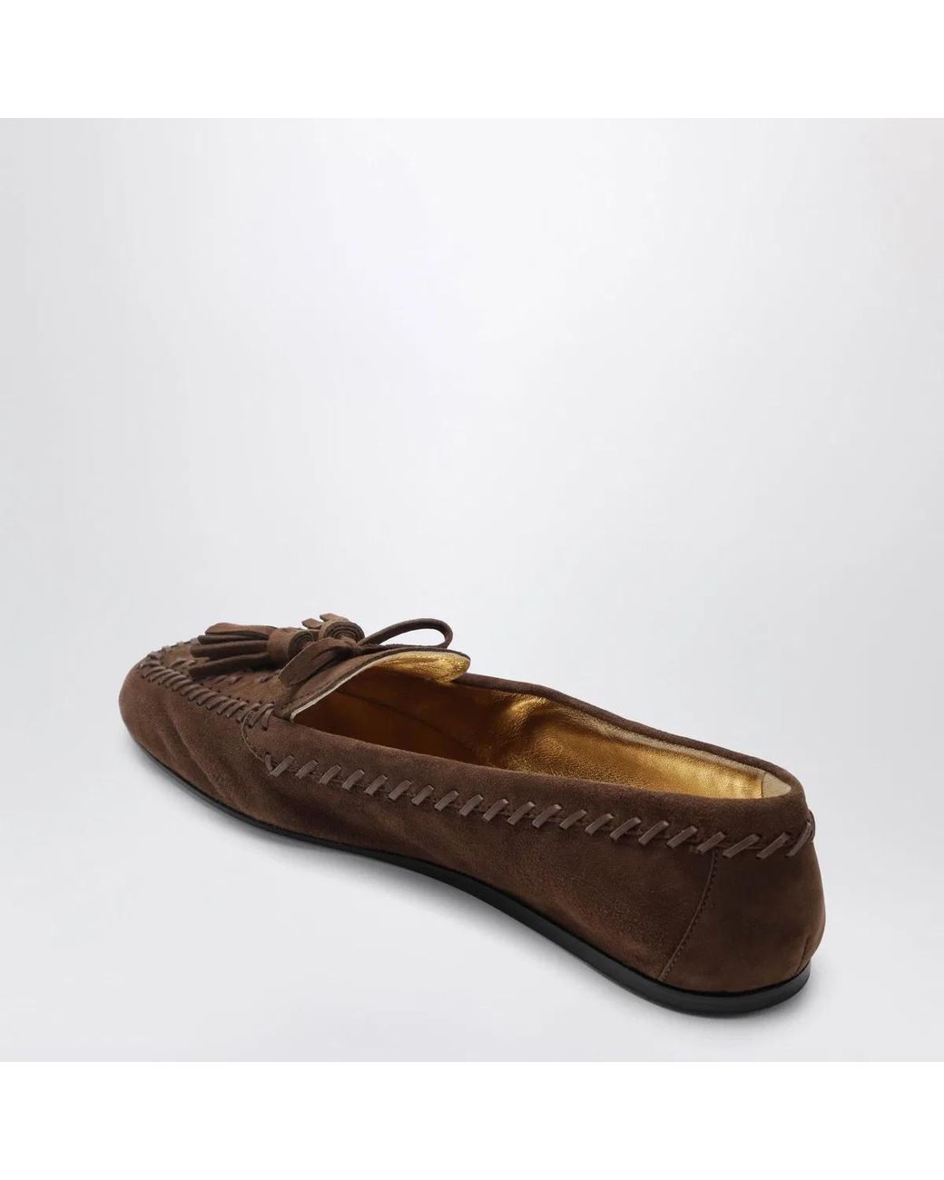 Prada Brown Suede Moccasin Cacao With Embroidery And Tassels