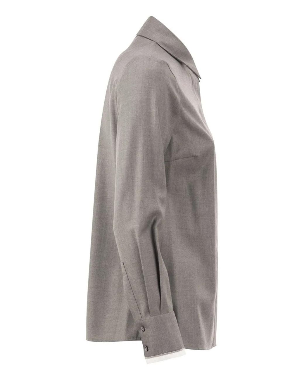 Peserico Gray Stretch Virgin Wool And Viscose Shirt With Shimmering Cuff Detail